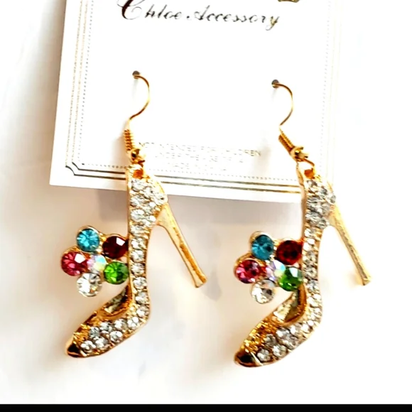 Gold Color Shiny Crystal Flower Multicolor High Heel Shoe Earrings,zinc Alloy Cr - Picture 2 of 3